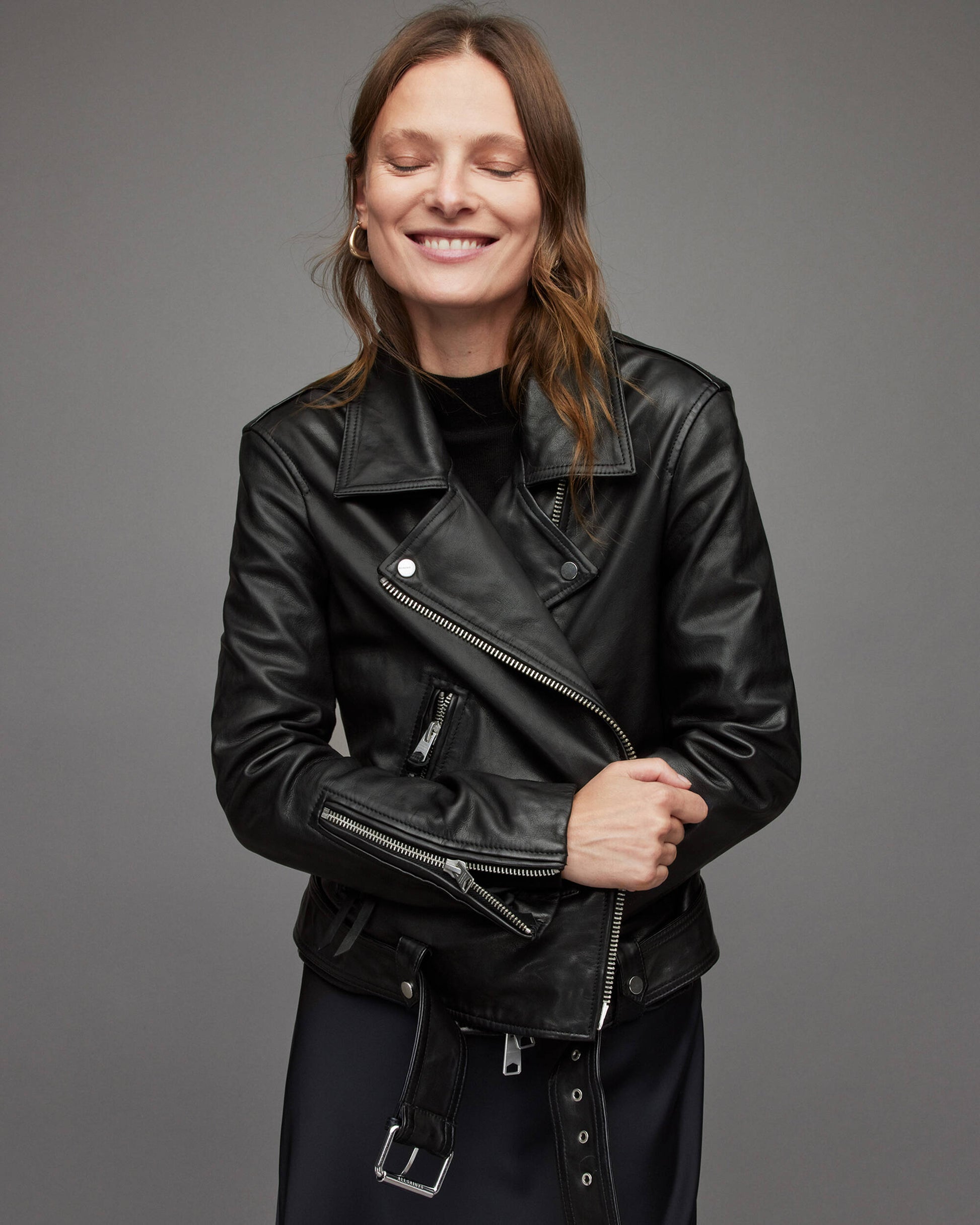 Women's Black Leather Biker Jacket with Belt