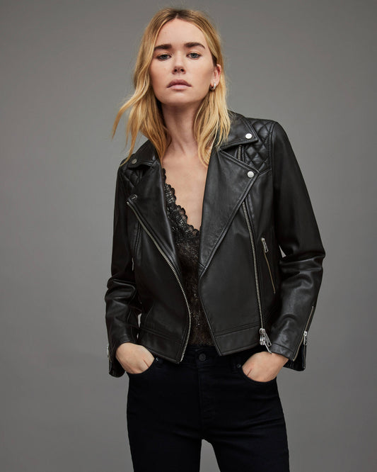 Women's Black Leather Biker Jacket with Quilted Shoulders