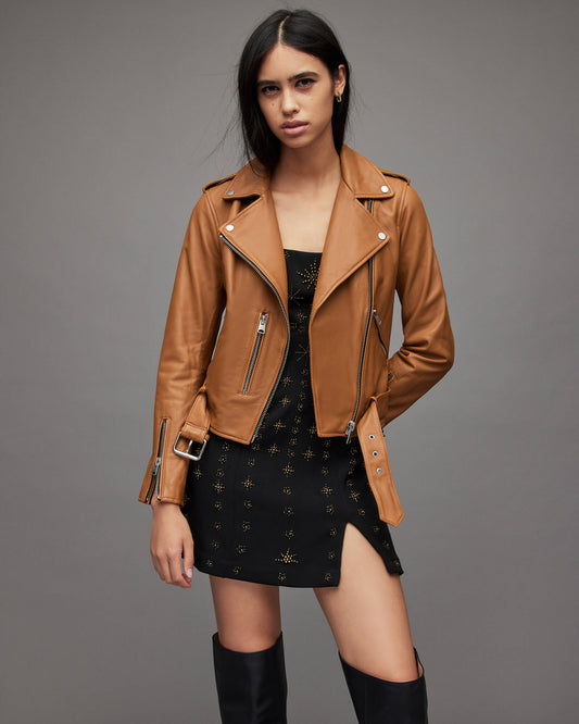 Women's Tan Brown Leather Biker Jacket