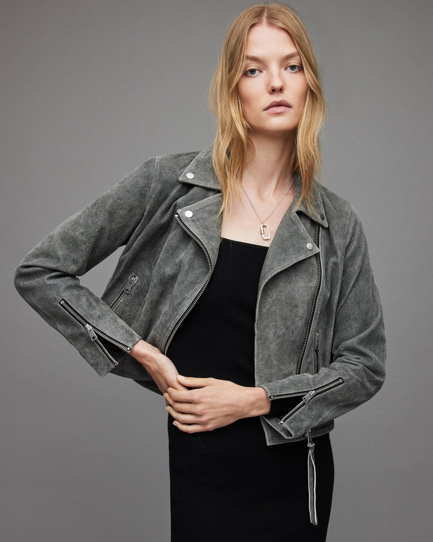 Women's Gray Suede Leather Biker Jacket