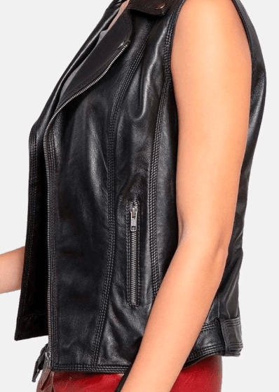 Women's Black Leather Biker Vest with Belt