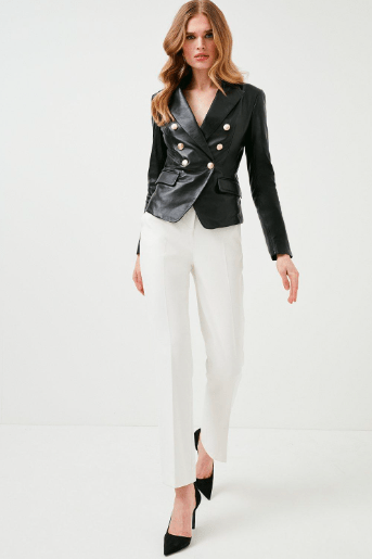 Women's Black Leather Blazer with Golden Buttons