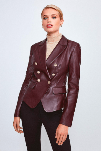 Women's Mahogany Red Leather Blazer with Golden Buttons