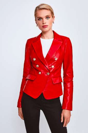 Women's Red Leather Blazer with Golden Buttons