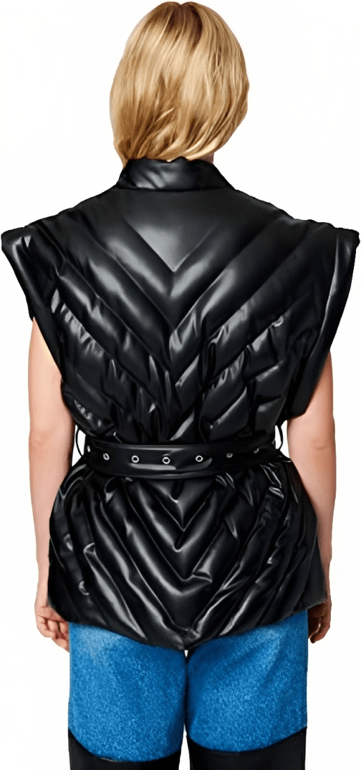 Women's Black Leather Puffer Vest with Belt