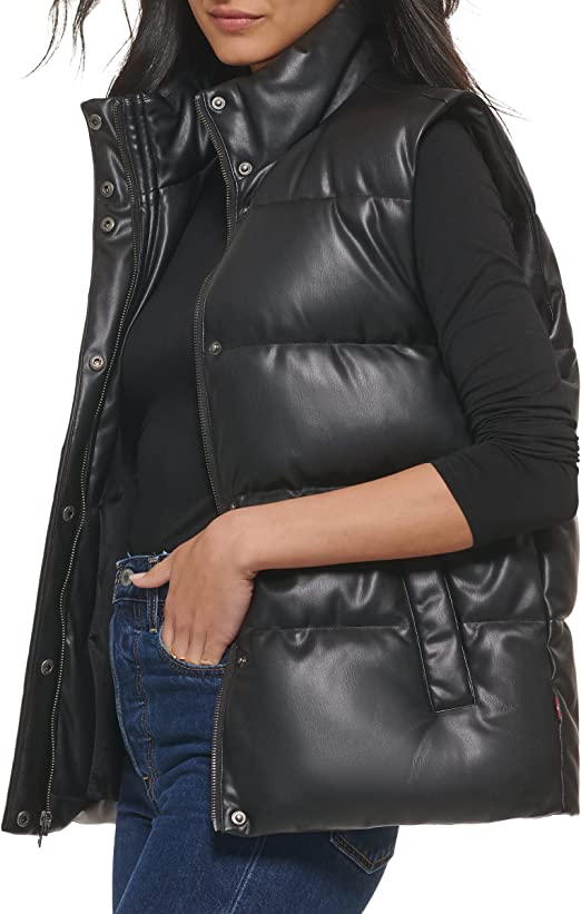 Women's Black Leather Puffer Vest