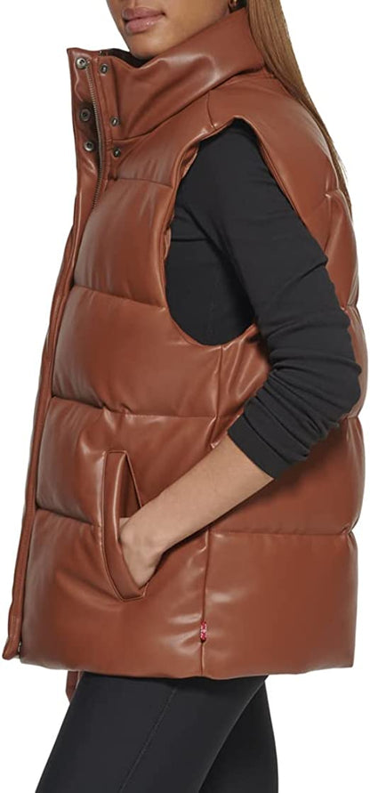 Women's Chocolate Brown Leather Puffer Vest 