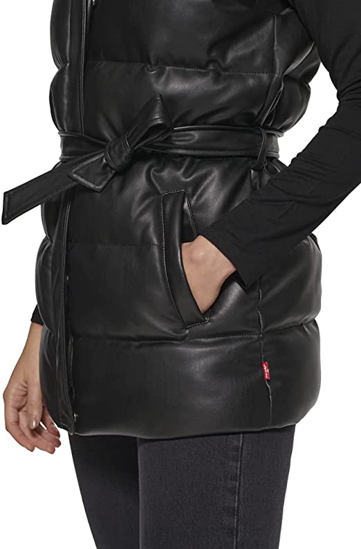 Women's Black Puffer Leather Vest with Belt