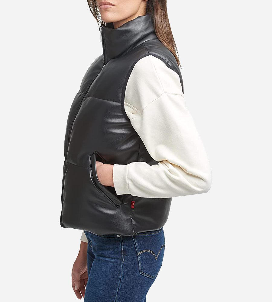 Women's Black Puffer Leather Vest