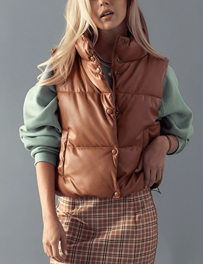 Women's Tan Brown Puffer Leather Vest 