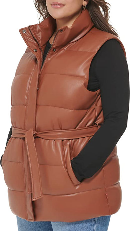 Women's Chocolate Brown Puffer Leather Vest with Belt