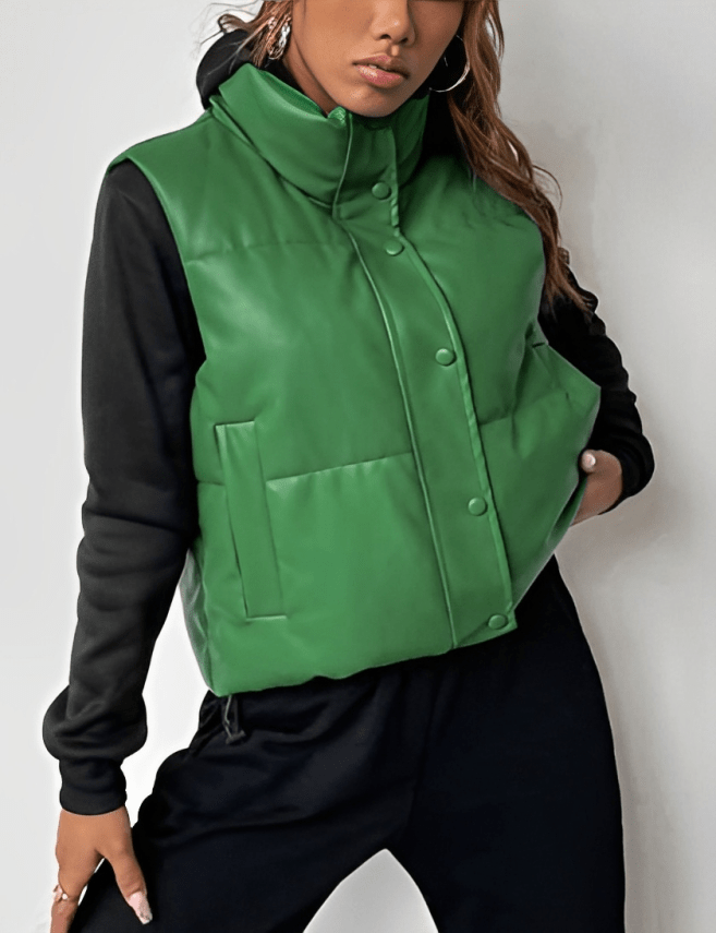 Women's Green Puffer Leather Vest