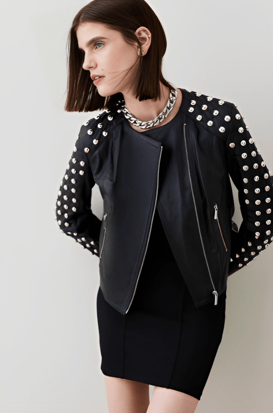 Women's Black Quilted Studded Leather Jacket