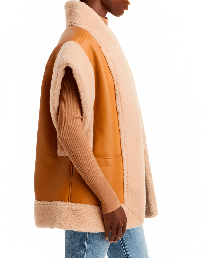 Women's Tan Brown Shearling Leather Vest with Patch Pockets