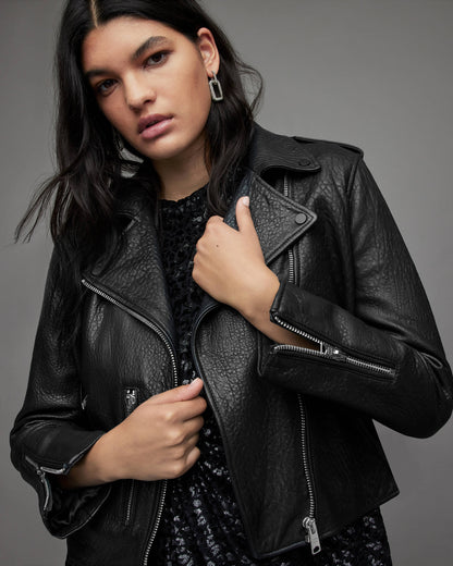 Women's Black Snake Print Leather Biker Jacket