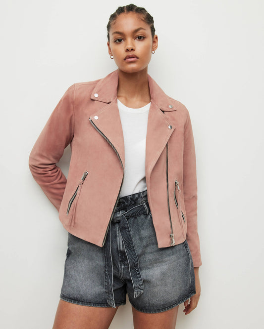 Women's Pink Suede Leather Biker Jacket – Playful & Chic