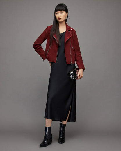 Women's Red Suede Leather Biker Jacket – Bold & Elegant