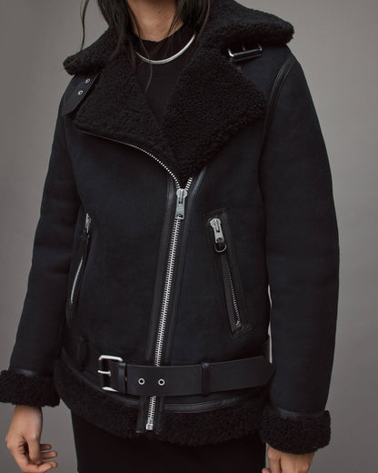 Women's Black Suede Leather Shearling Biker Jacket