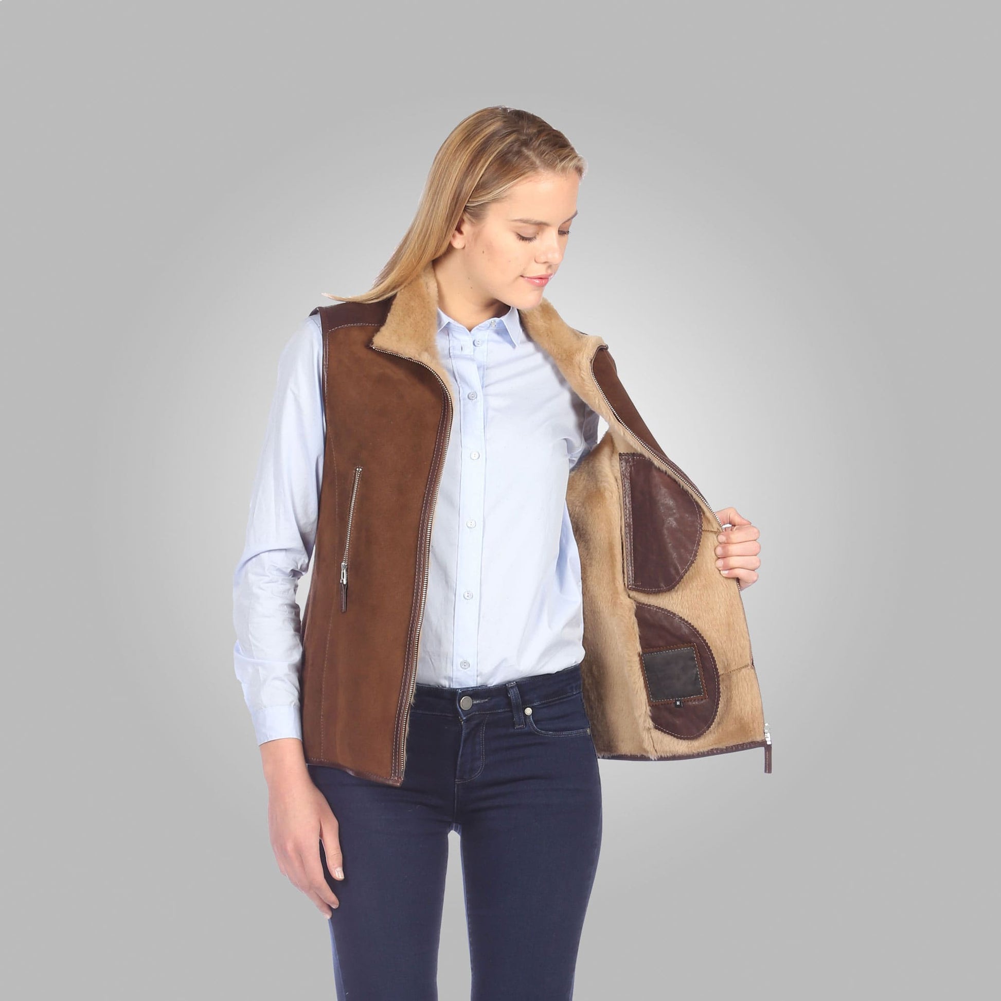 Women's Chocolate Brown Suede Leather Shearling Vest