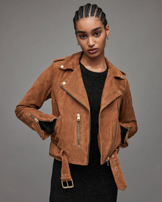 Women's Tan Brown Suede Leather Biker Jacket with Belt – Chic & Versatile