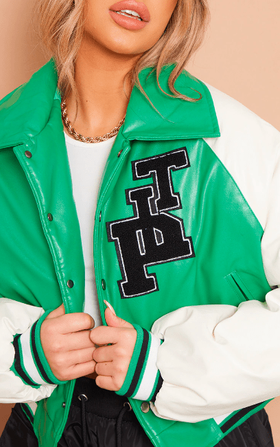 Women's Green Varsity Bomber Leather Jacket with White Sleeves - Classic and Vibrant