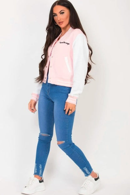 Women's Pink Varsity Bomber Leather Jacket 