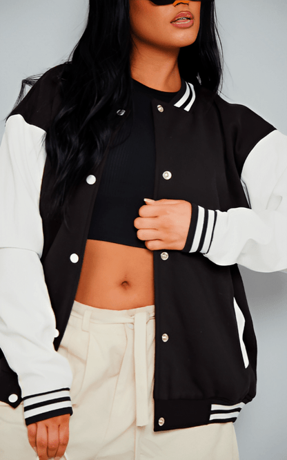 Women's Black Varsity Leather Bomber Jacket