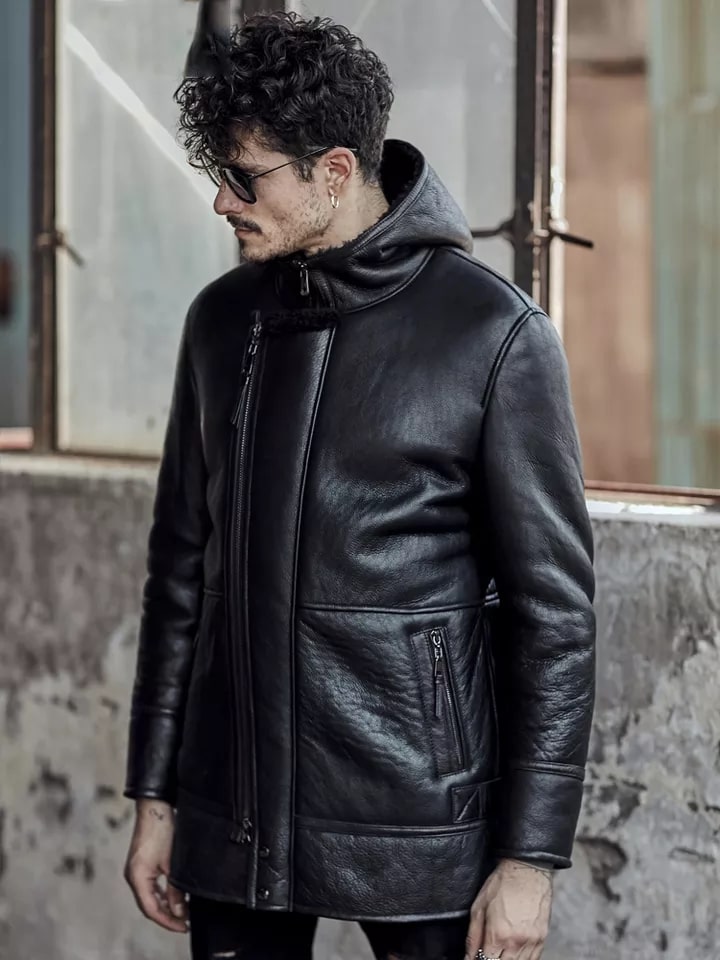 Men's Black Fur Shearling Leather Coat with Hood