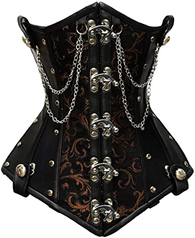 Schurmann Brown Brocade & Faux Leather Underbust Corset with Chain Details