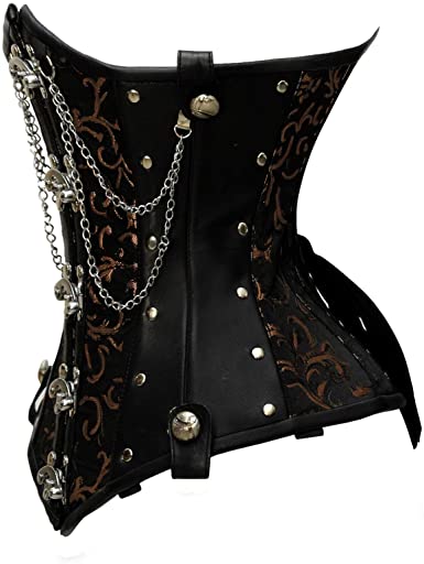 Schurmann Brown Brocade & Faux Leather Underbust Corset with Chain Details