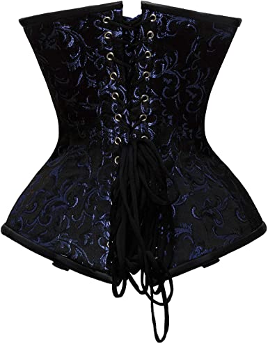 Rueber Blue Brocade & Faux Leather Underbust Corset with Chain Details