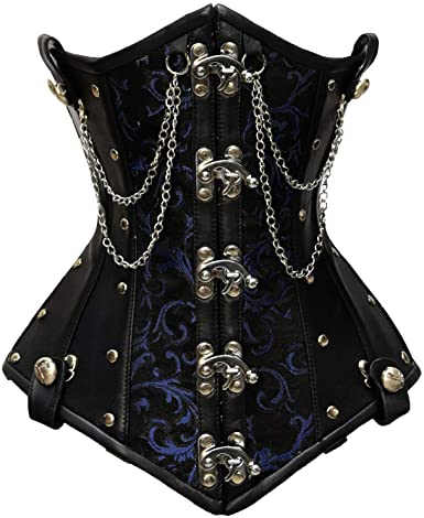 Rueber Blue Brocade & Faux Leather Underbust Corset with Chain Details