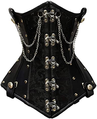 Staier Black Brocade & Faux Leather Underbust Corset with Chain Details