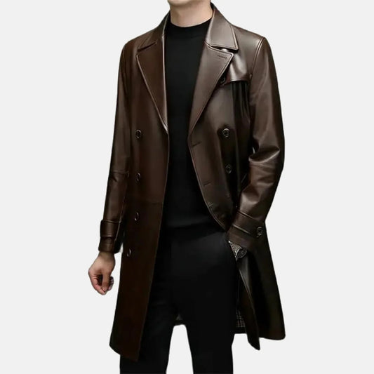 Cade Men's Brown Sheepskin Leather Duster Coat Ultimate Comfort & Timeless Elegance