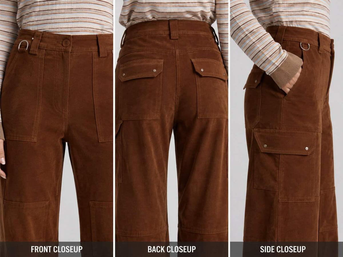 Camel Suede Leather Workwear Pants - Rugged Utility Style closeup view  by avanzar leather