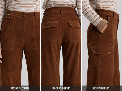 Camel Suede Leather Workwear Pants - Rugged Utility Style closeup view  by avanzar leather
