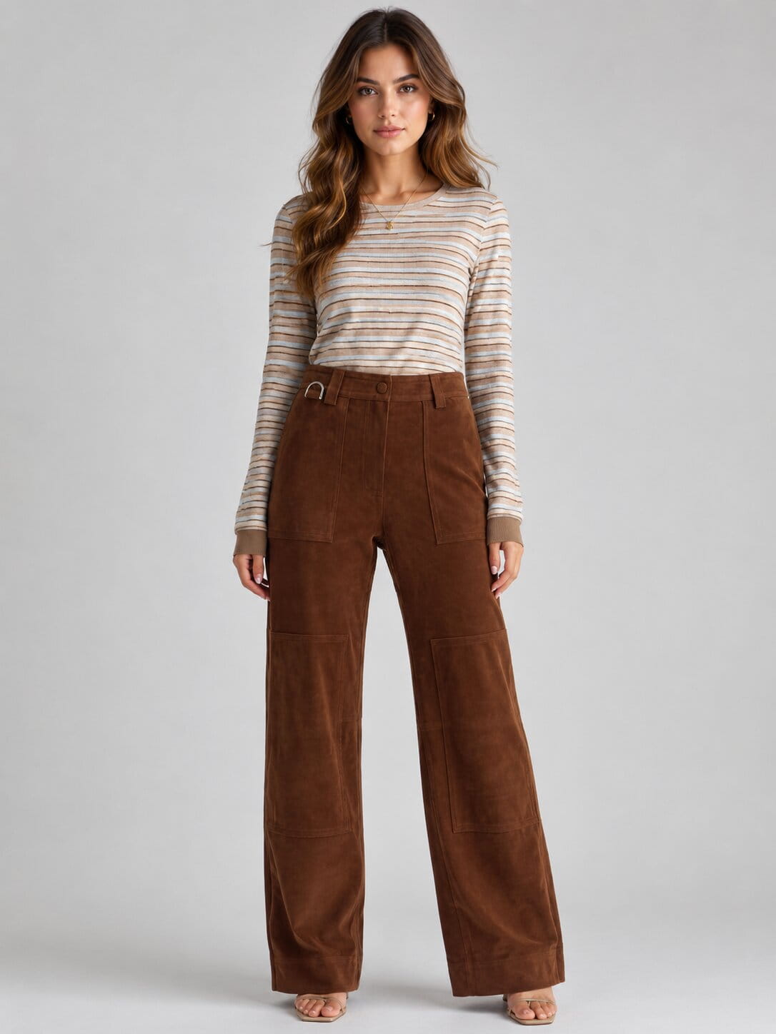 Camel Suede Leather Workwear Pants - Rugged Utility Style front view by avanzar leather