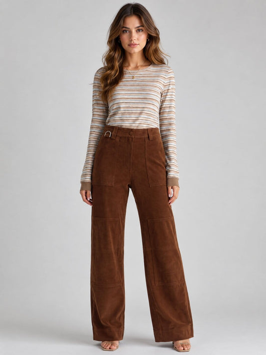 Camel Suede Leather Workwear Pants - Rugged Utility Style front view by avanzar leather