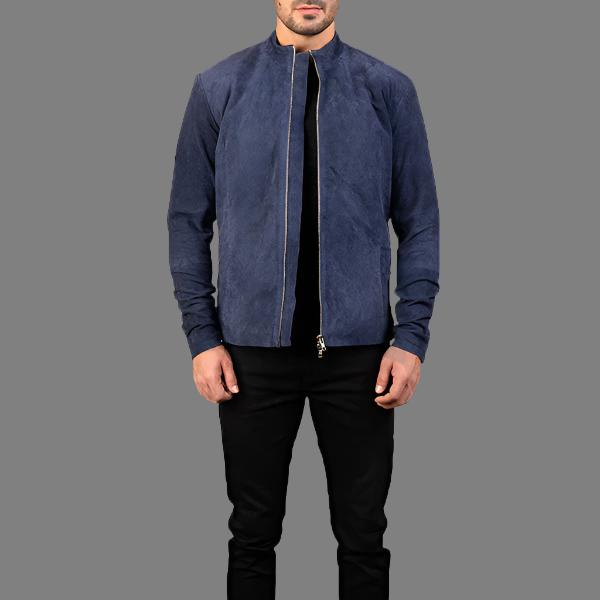 Charcoal Navy Blue Suede Biker Leather Jacket