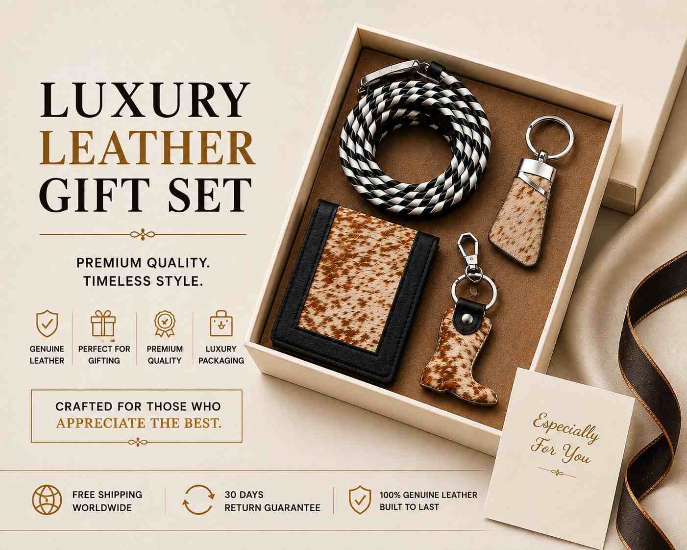 Genuine Hairy Cowhide Leather Gift Set With Wallet, Belt and Keychains