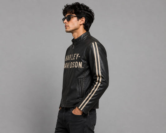 Harley Davidson Black Sleeve Stripe Cowhide Leather Biker Jacket for Men