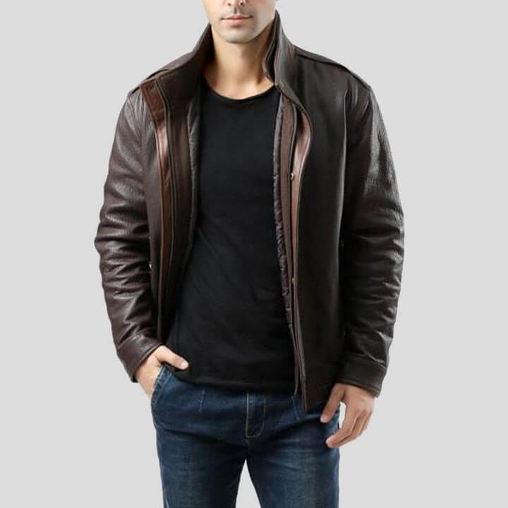 Chek Brown Bomber Leather Jacket