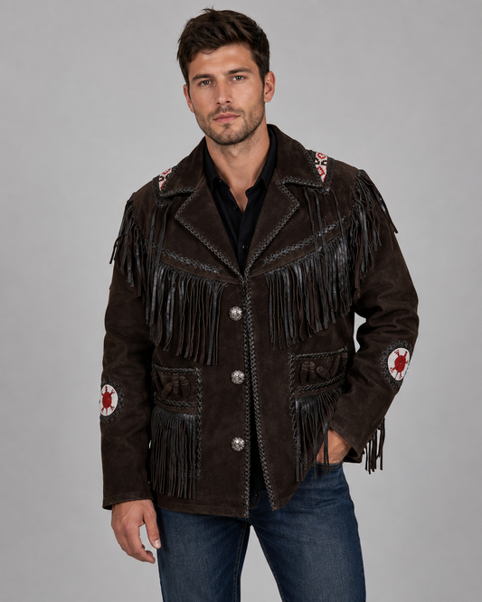 Chocolate Brown Leather Jacket with Fringe Details - Bold Look front view by avanzar leather