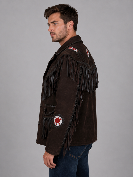 Chocolate Brown Leather Jacket with Fringe Details - Bold Look front view by avanzar leather