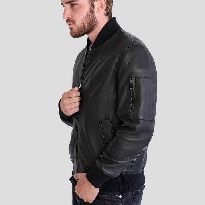 Clark Black Bomber Lambskin Leather Jacket by Avanzar Leather