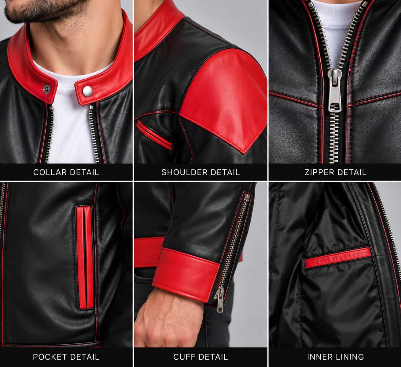 Close up of men’s black and red genuine leather biker jacket showing premium leather texture, contrasting panels, zipper and stitching details