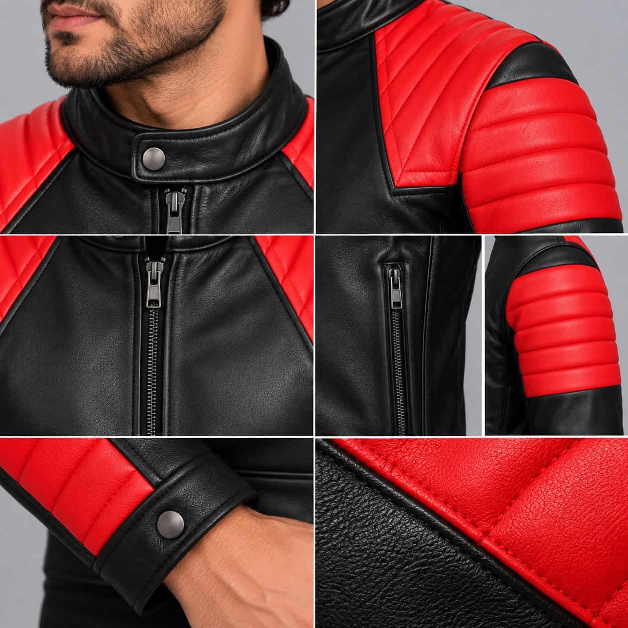 Close up of men’s black and red genuine leather moto jacket showing quilted shoulders, premium leather texture, zipper and stitching details