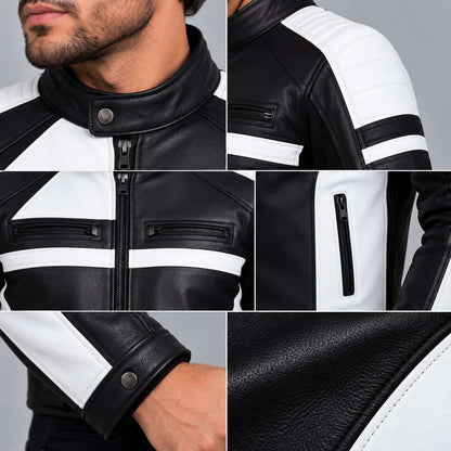 Close up of men’s black and white genuine leather motorcycle racing jacket showing premium leather texture, racing panels, zipper and stitching details