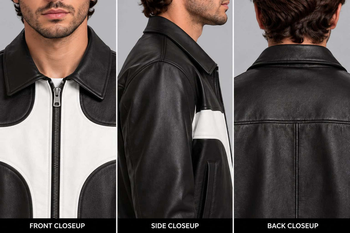 Close up of men’s black and white lambskin leather biker jacket showing soft lambskin texture, contrast panels, zipper and stitching details