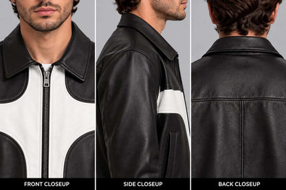 Close up of men’s black and white lambskin leather biker jacket showing soft lambskin texture, contrast panels, zipper and stitching details